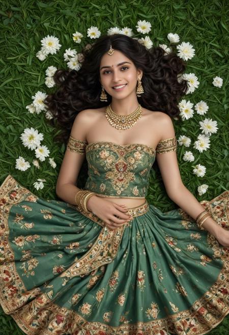 Craft a 3D image of an Indian queen, inspired by classical Indian art. Her long, curly hair flows elegantly, decorated with traditional, beautifully detailed flowers. She wears a green dhoti and a matching strapless blouse, with minimal yet culturally rich jewelry. The queen is lying on a verdant patch of grass, her navel in contact with the ground, her legs gracefully raised behind her. A gentle, enigmatic smile graces her face. The scene features a dark background illuminated by a radiant, full moon and an intricate floral design, reminiscent of classical Indian artistic motifs.