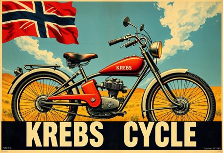 propaganda poster with bald illustration of KREBS CYCLE, with words "KREBS CYCLE", Vintage WWI Patriotic imagery, 50's sci-fi themes, bold graphics, dramatic text, vivid colors