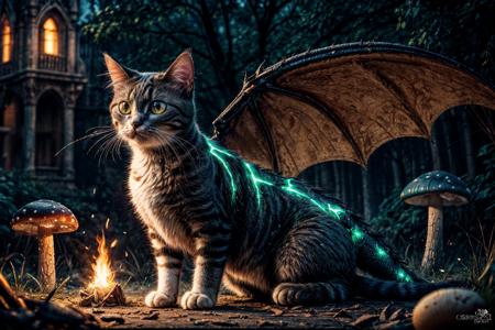 (RAW photo, 8k uhd, Analog style, Masterpiece, Best Quality, Highres:1.4), (dramatic, cinematic:1.2), BREAK,
movie shot of hyperdetailed (cat headed:1.35) (dragon:1.3), ((dragon:cat:0.77):1.15), (glowing:1.2) (scales:1.1), (tail:1.0), golden eyes, green (armor:1.25), lying in the detailed ((magic:1.1) forest:1.1), (castle ruins:1.32), (overgrown:1.2), (hill:1.2), (roots:1.05), (mushrooms:1.27), (light particles:1.2), (glowing sparks:1.07), (green magic:1.1), (sunset:1.22), soft lighting, (campfire:1.03), (treasures:1.3), (from side:1.1), BREAK,
(photorealistic:1.2), (intricate:1.4), (light theme:1.4), (mysterious, fabulous, fantasy, mystical:1.3), (hyperdetailed, absurdres:1.2), (colorful:1.3), (no humans:1.4), (elegant:1.1), vertical pupils, (bat wings:1.2), (dragon wings, claws, spikes:1.15), (glowing ornament:1.2), (incredible, amazing, esoteric:1.2), BREAK,
<lora:more_details:1>,
<lora:zoom_slider_v1:2.38>