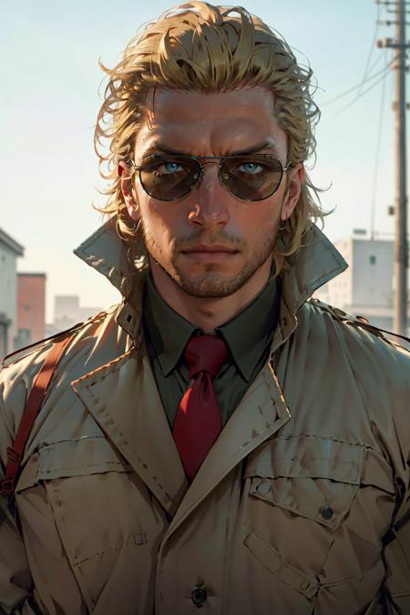 Kazuhira Miller,  blue eyes,  blond hair,  stubble,  wore aviator sunglasses,  white collared shirt,  green suit with a red tie,  khaki trench coat,  fit body,  handsome,  charming,  alluring,  intense gaze,  (standing),  (upper body in frame),  perfect light,  only1 image,  perfect anatomy,  perfect proportions,  perfect perspective,  8k,  HQ,  (best quality:1.2,  hyperrealistic:1.2,  photorealistic:1.2,  madly detailed CG unity 8k wallpaper:1.2,  masterpiece:1.2,  madly detailed photo:1.2),  (hyper-realistic lifelike texture:1.2,  realistic eyes:1.2),  picture-perfect face,  perfect eye pupil,  detailed eyes,  realistic,  HD,  UHD,  front view,  portrait,<lora:EMS-498-EMS:0.100000>,<lora:EMS-264989-EMS:0.600000>