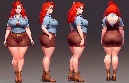 a character turnaround of a curvy redheaded pinup girl(Hildai17:0.8).  Subsurface scattering, rimlight, (charturner:1)., art by smoose2