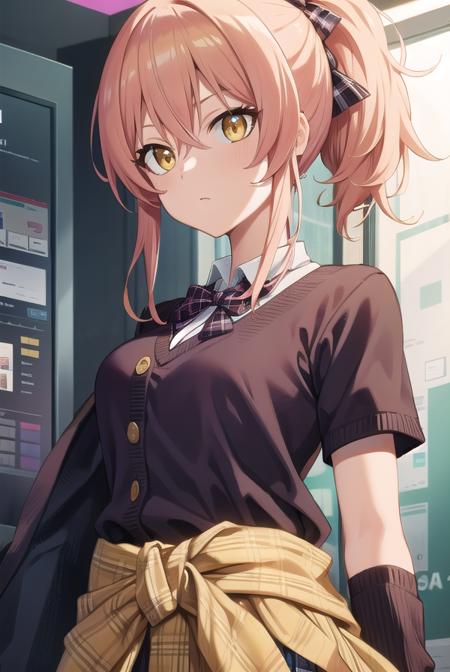 mikajougasaki, <lora:mikajougasakitest:1>, mika jougasaki, hair bow, long hair, pink hair, (yellow eyes:1.5), ponytail,
BREAK bow, clothes around waist, plaid, plaid skirt, school uniform, skirt, sweater, sweater around waist,,
BREAK looking at viewer,
BREAK classroom,
BREAK <lora:GoodHands-vanilla:1>, (masterpiece:1.2), best quality, high resolution, unity 8k wallpaper, (illustration:0.8), (beautiful detailed eyes:1.6), extremely detailed face, perfect lighting, extremely detailed CG, (perfect hands, perfect anatomy),