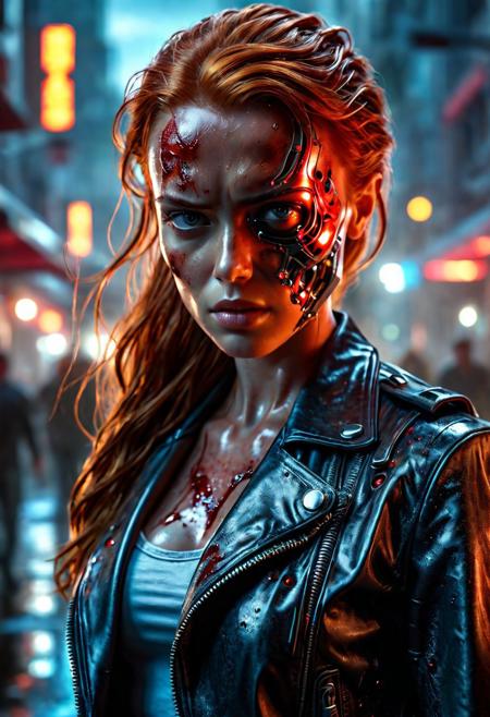 Ultra-realistic high resolution image of a beautiful Terminator, 8k, capturing the intensity of the moment, cinematic lighting, standing on a mysterious street in a fighting pose, wavy red hair, realistic face, half of her bloody face smashed in to reveal a metallic robotic skull, realistic red robotic eye, one human eye, fire, intricately designed leather jacket, tight top and jeans, aesthetic of Terminator movies, perfect athletic figure, whole body, beautiful Sadie Sink as Terminator girl, ultra-realistic, cinematic style, athletic figure, sci-fi, dramatic lighting, wet and sweaty skin, dirty bloody skin, athletic figure, dramatic lighting, Greg Rutkowski style, hyper-detailed, hyper-realistic, bright colors, Attractive 25 year old girl, Attractive, beautiful solid body, sharp focus, digital painting, Photo taken on Nikon D750, Alphonse Mucha, 8K, athletic figure, Hyperdetailed, hyperrealism, Attractive, Attractive busty girl, asymmetrical balance