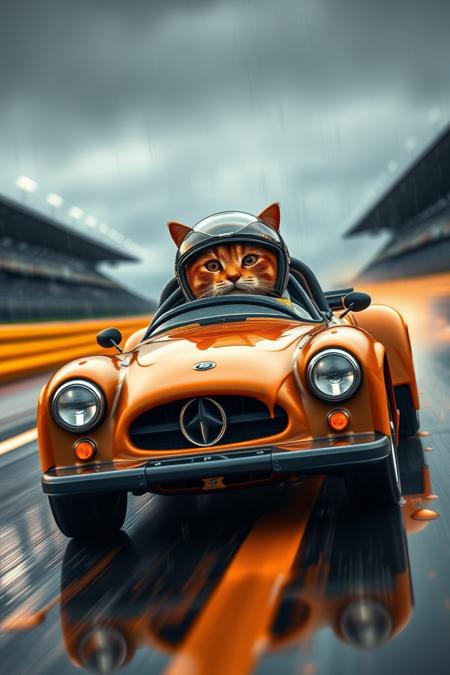 caraf, caramel car on the racetrack, cat with helmet as driver, a dramatic display of speed and action, motion blur, caramel rain