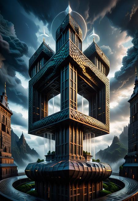 sn4ke, A logo inspired by intense dramatic weather, featuring geometric shapes and clean lines, with a focus on balance and symmetry, portraying ethereal figures in a surreal fantasy setting, utilizing stormy skies and high tension in the design.