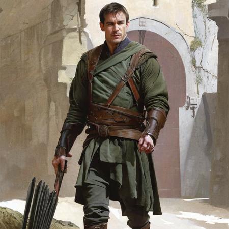 detailed digital illustration of male rogue [Christopher Gorham|Josh Hartnett], warehouse ruins in the background, masterpiece, art by card-style