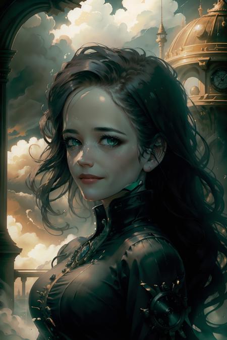 <lora:eva_green-04:1> a woman 3v4gr33n,(focus on character:1.1), portrait, solo, upper body, detailed background, detailed face, (<lora:ChronomancyAI:0.5>, ChronomancyAI, chronomancy theme:1.1), aristocratic pose, smiling, ruling class, elegant clothing,  looking over floating (cloud city:1.1),  cloudtop sky-city, floating platforms, floating buildings, dome, balcony,   propellers, clouds in background, sky waterfall in background, wind blowing, cinematic atmosphere, glowing dark red lights,