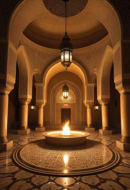 ((masterpiece)), ((best quality)), 8k, high detailed, ultra-detailed, volumetric candlelight (volumetric:1.4) filling the room, warm and flickering, casting intricate, golden patterns of light and shadow across the polished marble floors of a grand Middle Eastern bathhouse. Ornate brass lanterns hang from the high, arched ceilings, their soft glow creating a rich, warm atmosphere. The scene is reminiscent of the exotic, mystical tales from 1001 Nights, where (Middle Eastern:1.5) and (North African:1.4) women, their bodies glistening with sweat and steam, fill the room with soft conversation and gentle laughter.