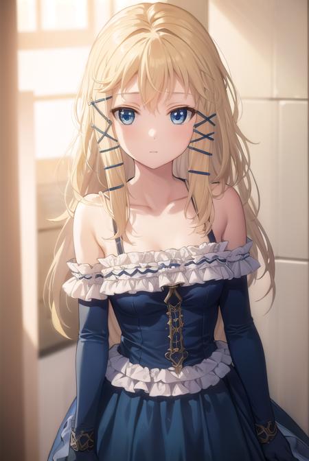 tina sprout, long hair, blonde hair, hair ornament, blue eyes, gloves, dress, bare shoulders, frills, black gloves, elbow gloves, blue dress, frilled dress,