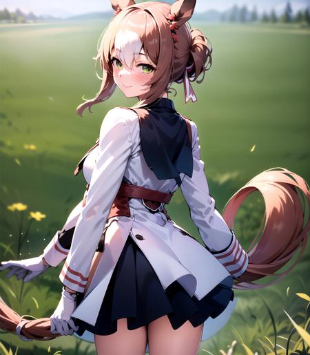 masterpiece, 8k wallpaper, best quality, 1girl, FineMotion, <lora:FineMotion>, smile, blush, grass, looking at the viewer, solo, standing, long sleeves, white gloves, from back, tail,