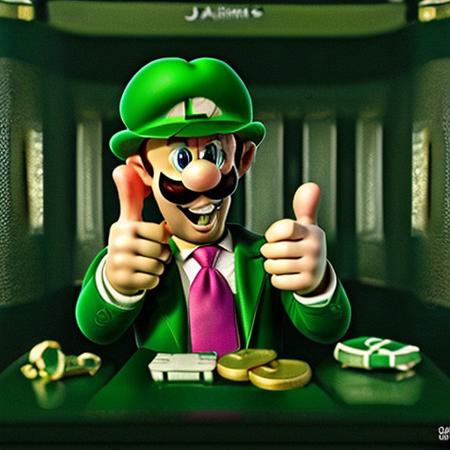 RAW photo, 8k uhd, dslr, soft lighting, high quality, film grain, Fujifilm XT3, Masterpiece, photorealistic, Luigi, smiling, grill teeth, gangstersb, at a desk, abandoned hospital, money, holding, holding money, thumbs up, green cap with a large “L”, suit, jewelry, necktie,