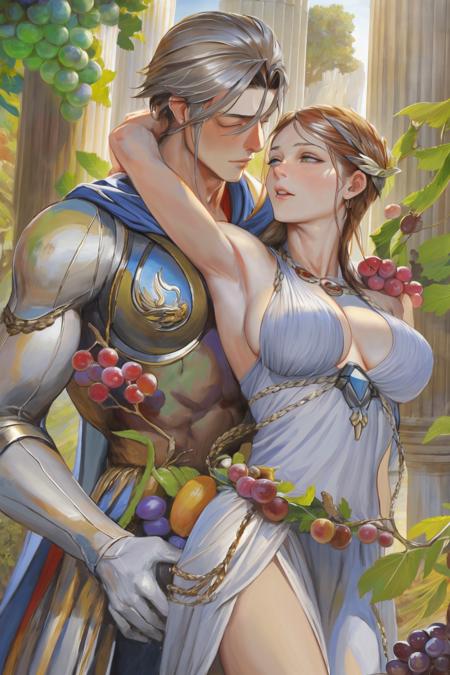 iuui, nababa, takayama toshiaki, masterpiece, best quality, ancient greece, 1boy, 1girl, hetero, zeus, athena, embracing, eye contact, romantic, grapes, greek columns, tunic, manly, large breasts, romantic, light rays, mount olympus