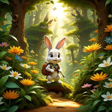 A sunny afternoon in a magical forest where an anthropomorphic bunny explorer encounters forest fairies. Rendered in Pixar style with abundant plants, flowers, idyllic weather, and volumetric lighting during golden hour.