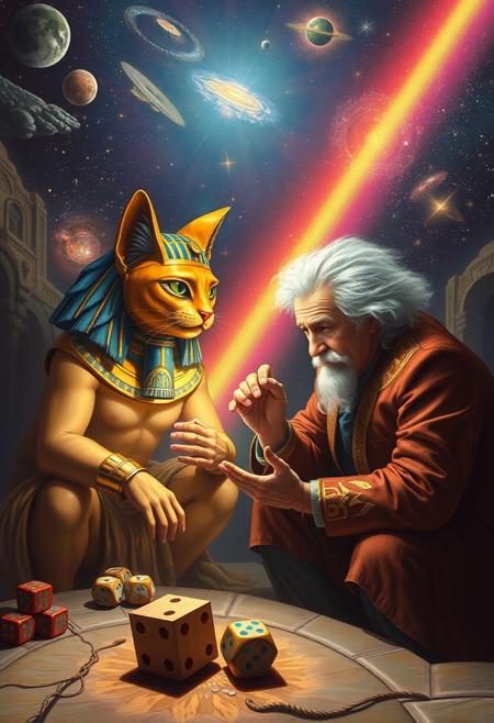 In the far corners of the multiverse, where stars are born and galaxies come to die, at the end of the cosmic rainbow, The cat headed Egyptian god Bast plays dice with Albert Einstein