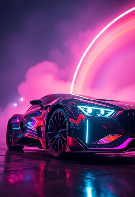 low angle shot, Energetic, rainbow swirl, Frightening, a luxurious car that reflects the high-tech aesthetic of the game, featuring a sleek design with a futuristic look, Kodak Ektar, Agfacolor, foggy atmosphere, highly decorated, complex, polished, epic atmosphere, modified