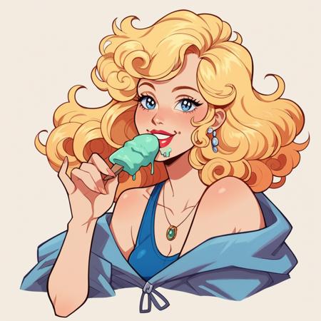 hud_millirob, 1girl, blonde curly hair, blue eyes, solo, dress, jewelry, retro artstyle, smile, lipstick,