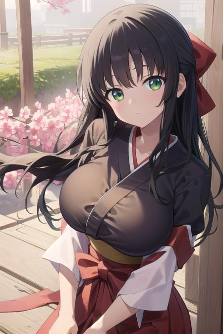 kasumiiwato, <lora:kasumiiwatotest:1>,
kasumi iwato, long hair, (black hair:1.5), (green eyes:1.3), (huge breast:1.2), (hair between eyes:1.5),
BREAK skirt, cleavage, japanese clothes, hakama, hakama skirt, miko,
BREAK looking at viewer,
BREAK outdoors, shrine,
BREAK <lora:GoodHands-vanilla:1>, (masterpiece:1.2), best quality, high resolution, unity 8k wallpaper, (illustration:0.8), (beautiful detailed eyes:1.6), extremely detailed face, perfect lighting, extremely detailed CG, (perfect hands, perfect anatomy),