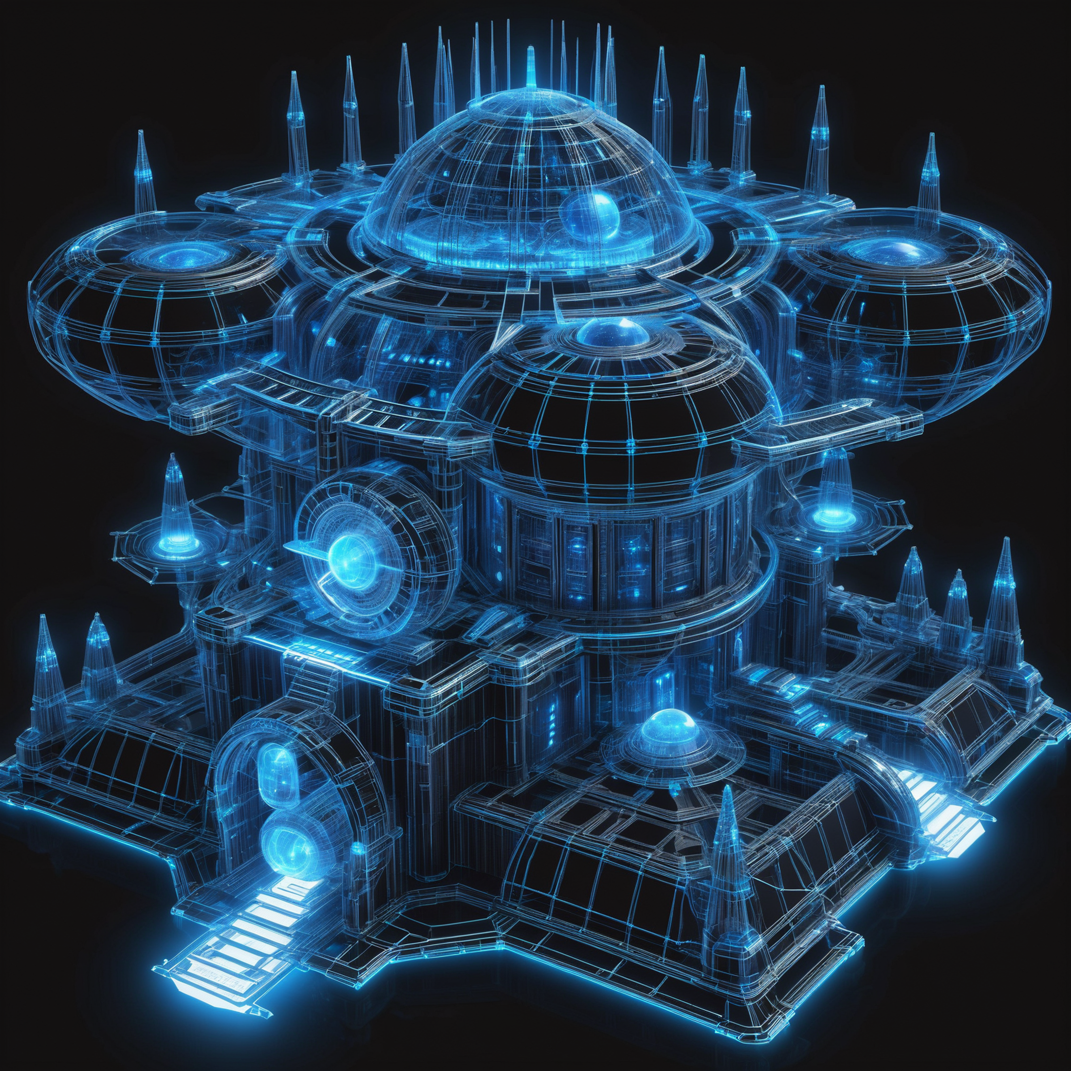glowing blue on black 3d wireframe, diagram, scifi, a metallic fantasy cliffside megastructure at the end of the multivers...