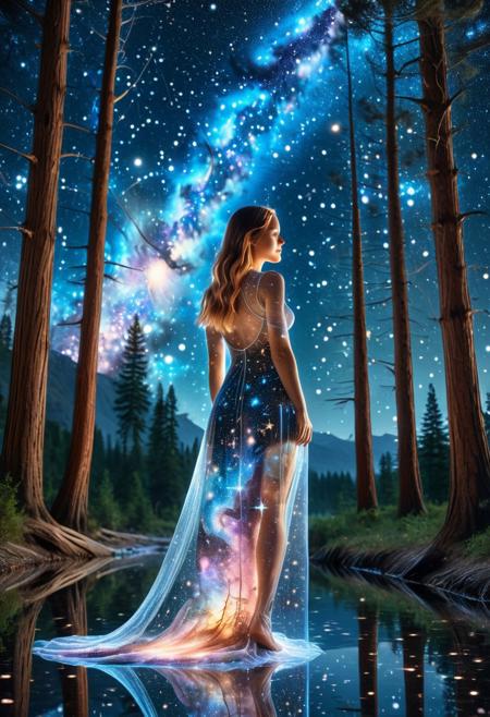 An 8K photo of a surreal cosmic scene featuring a beautiful woman standing beneath a starlit sky. Her dress is semi-transparent, infused with galaxies, nebulae, and shimmering stardust. Parts of her skin and hair glow with a see-through cosmic effect, revealing constellations within. The environment around her is equally enchanted — trees with transparent bark pulsing with starlight, animals outlined in glowing celestial patterns, and a river that reflects and refracts like liquid space. The entire scene is richly detailed with integrated “transparent,” “see-through,” and “cosmic” effects throughout.