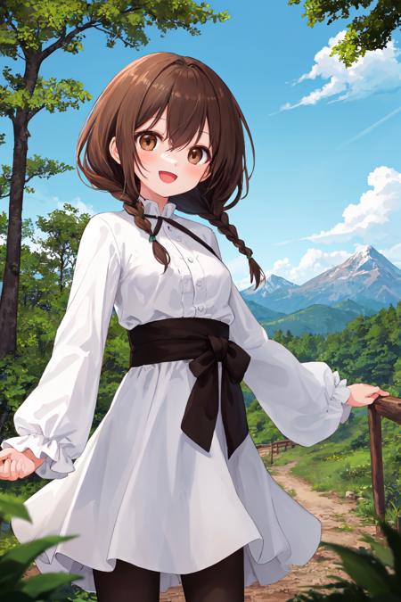 best quality, amazing intricate, cute girl, dark brown eyes, happy, :d, small breasts, 
dark brown hair, twin braids, white dress, 
from front, cowboy shot, standing, 
in the forest, mountain in the distance, sky