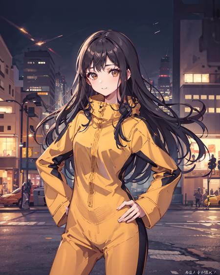 1girl,solo,bruceleejumpsuit, <lora:BruceLee's_JumpsuitV1[bruceleejumpsuit]:1>, black_hair,long_hair, hand on hip, outdoors,cityscape, cowboy shot,