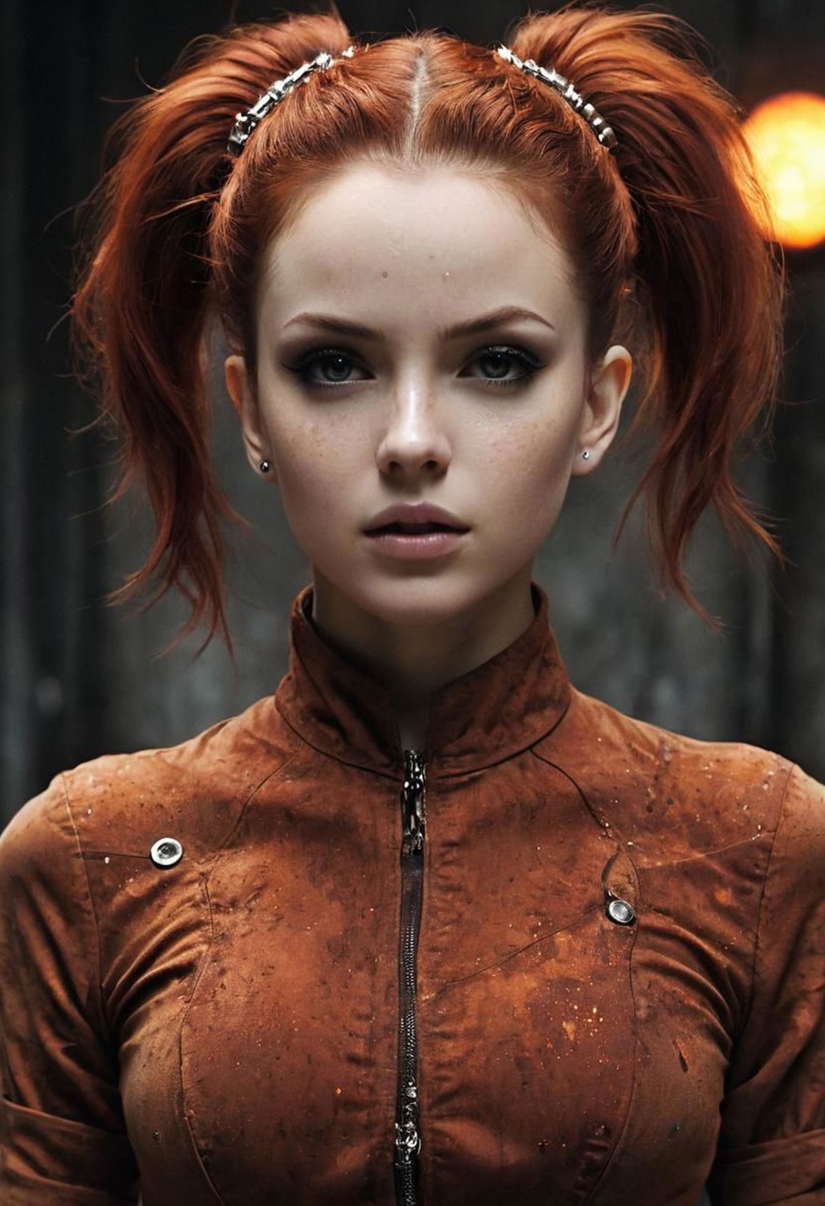 A young woman with red hair wearing a brown jacket and pigtails.