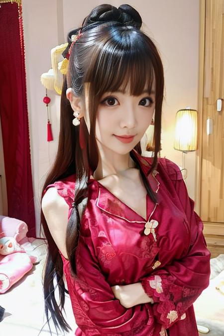 1girl, Chinese, pink pajamas, bedroom, upper body, earrings, chestnut_wavy_hair, looking at viewer, crossed arms, medium breasts, lace trim,