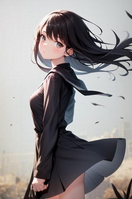 masterpiece, best quality, highres, 1girl, expressionless, wind blowing, standing, from side, looking at viewer, shaft head tilt  <lora:shaft_head_tilt2:0.5>