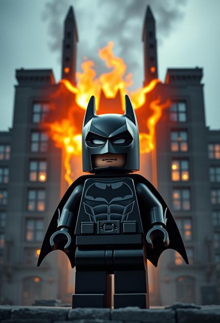"Hyper-realistic parody movie poster in the style of the classic film dark knight batman, but with a adorable twist. lego batman is standing in front of building, the building is on fire with the bat symbol shape. Style: extremely detailed, hyper-realistic, and humorously adorable, with a focus on capturing the playful, lighthearted atmosphere of a parody poster."