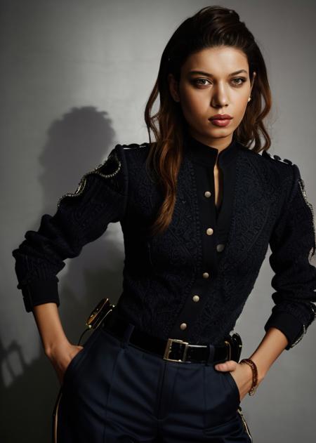 (statuesque) afra_saracoglu in (pants|cop costume),portrait,intricate detail,(twist-out),( jaw clip),at Shoji,midnight,art by  (Andre Kertesz),
<lora:afra_saracoglu-98:0.8>,<lora:depth_of_field_slider_v1:8>,