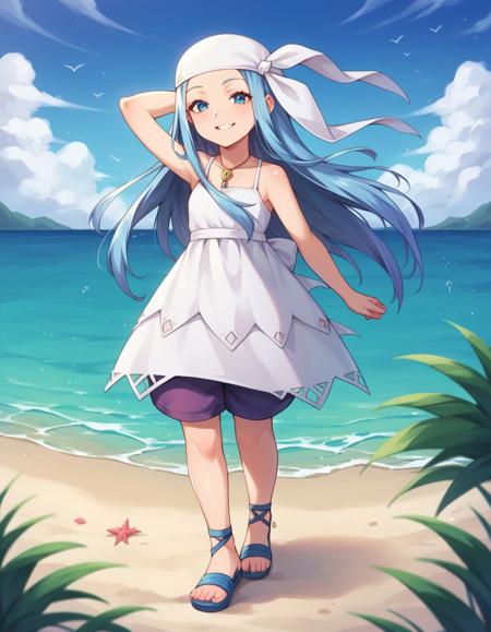 luna, blue long hair, blue eyes, white dress, necklace, key, white bandana, purple shorts, sandals,