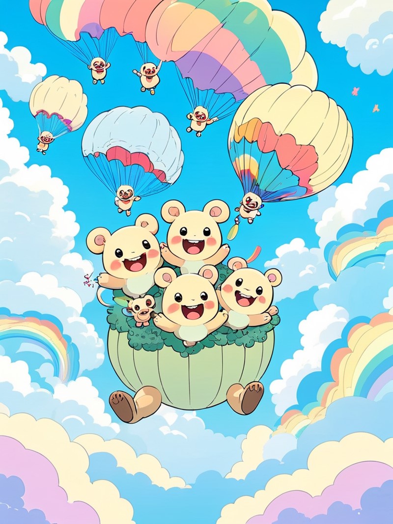 An adorable scene of a group of round, smiling creatures floating gently on clouds, each holding a different shaped balloo...