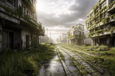 berlin city, city corner, green overgrown, winter weather, post apocalypse feeling, at noon, morning, realistic, vray, HDR,  6000K  <lora:PostApocalyptic3:0.6> SZ_4po