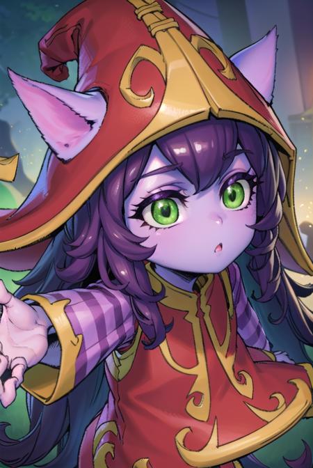 lulu, long hair, bangs, animal ears, (green eyes:1.5), purple hair, colored skin, purple skin, long sleeves, hat, dress, red dress, red headwear, ears through headwear, striped sleeves, yordle,