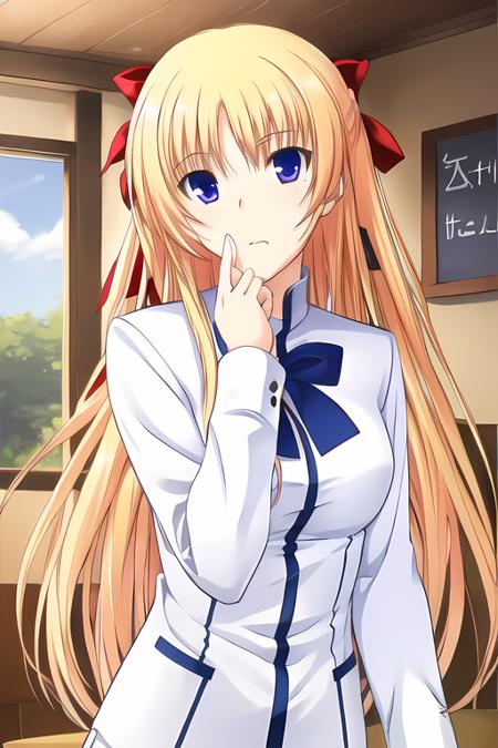 christiane friedrich, 1girl, best quality, masterpiece, confused, white school uniform, thinking, (hand on own chin), stroking own chin, blonde hair, red hair bows, <lora:Christiane_Friedrich:0.8>,