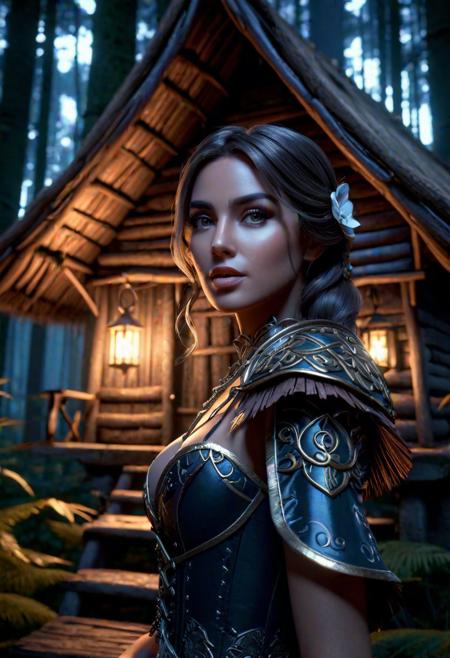 a close shot photo of a ghst-4000 beautiful girl in a haunted forest with a hut, highly detailed, intricate design, high quality, 8k, cinematic, epic, ray tracing, deep shadows, dark fantasy