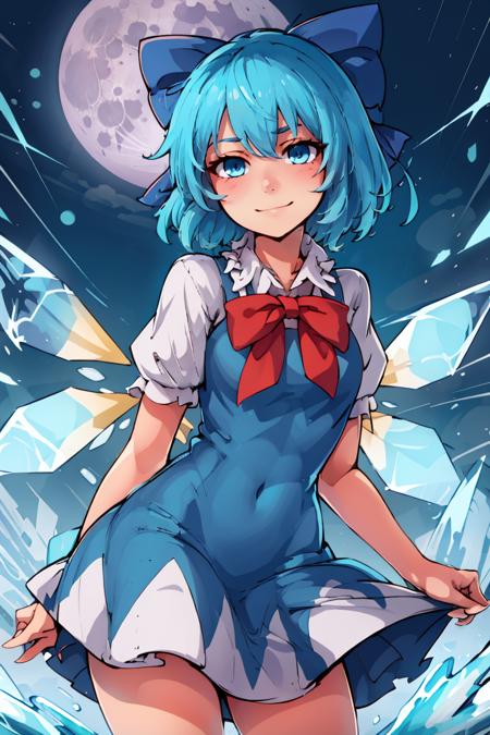  Cirno_Touhou,  1girl, cirno, solo, blue hair, bow, hair bow, short hair, blue eyes, blue bow, wings, ice, ice wings, dress, blue dress,