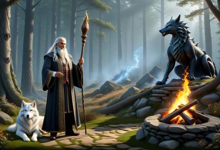 flux stil ,ultra realistic image with high resolution and stable focus correct and accurate anatomy, correct and accurate objects, perfect detail, ultra realism, photo realism, an image depicting a magician, a dtsrec with a long beard and white long hair leaning on his magic wand standing next to a hearth in which a magical fire burns in front of his stone house merges with the forest landscape, next to him there is 1 huge dragon staring into the fire, at the feet of the magician lies a meekly huge white wolf. ultra detail