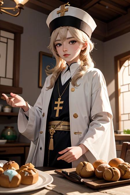 Slavic femboy, (Orthodox Christian:1.2), magical, detailed background of Russian house, Kulich Easter bread, wallpaper, landscape, depth of field, side lighting, genshin impact, ultra detailed
