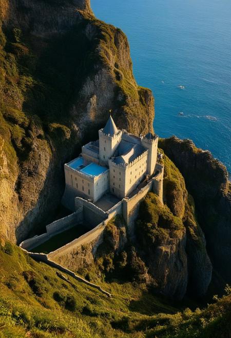 Close-up Photography realistic, outdoors, a below view of a grand castle upon a steep hill with cliffs leading to a deep ocean with tall towers guarding its sides, best quality, sharp focus, high contrast, stylized, clear, colorful, ultra quality, 8k, best quality, masterpiece