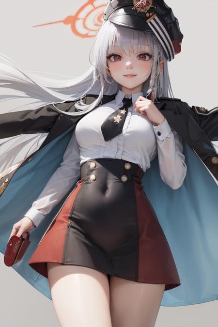 (masterpiece, best quality:1.2), <lora:ba_haruna-08:1>, cowboy shot, solo, 1girl, haruna \(blue archive\), smile, closed mouth, looking at viewer, black headwear, jacket on shoulders, white collared shirt, black necktie, long sleeves, skirt