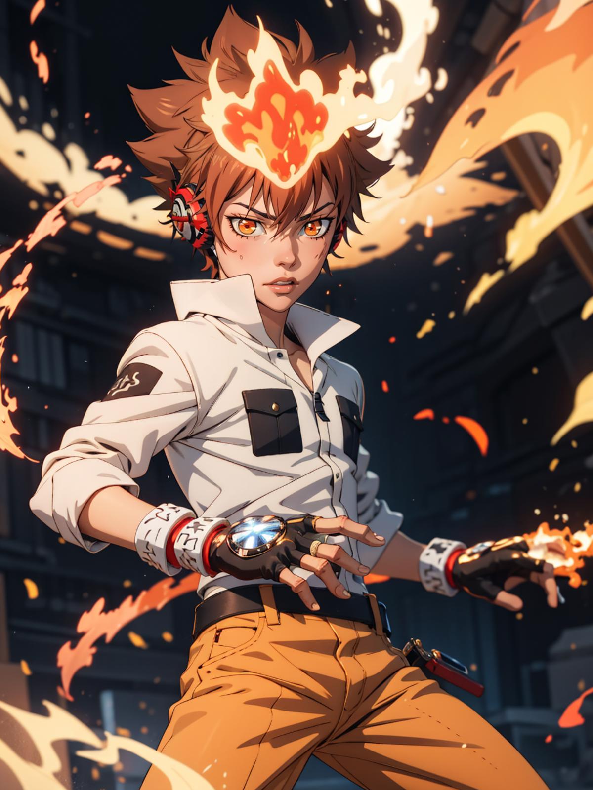Anime-style character wearing red and white gloves and a white shirt with black stripes, holding a flaming sword.