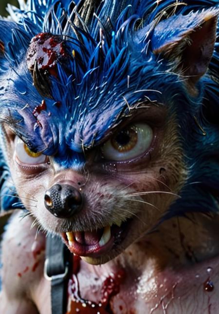 RAW photo of sweaty Sonic the Hedgehog as a real character,blood,(dystopian movie:1.22),film grain,sweaty face,extreme detailed face,angry,as gore movie,gruesome:1.0