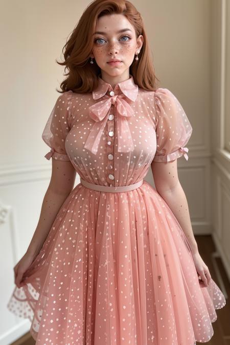 d0tt3dp3achy, dress, standing, puffy short sleeves, pink dress, collared dress, polka dot dress, frilly, bow, long puffy short sleeves,