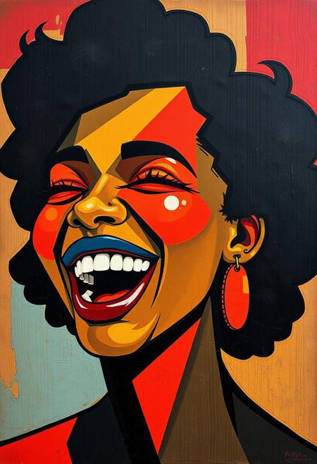 CubismStrokes, depict an afrofuturist black girl laughing, painted in a Cubist style, on a vintage wood panel background, in the style of microphotography, Use angular lines, fragmented forms, and overlapping perspectives to create a sense of movement and rhythm. Incorporate bold colors like reds, blues, and yellows to give the piece energy, reminiscent of works by Lyubov Popova
