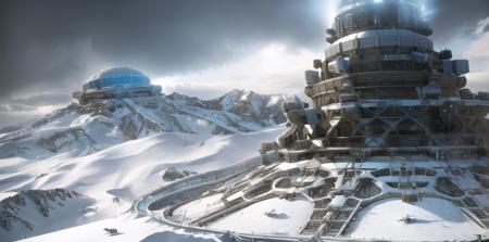 <lora:drvlora:1> masterpiece, best quality, ultra-detailed, best illustration,drvLORA, scenery, mountain, snow, spacecraft, sky, no humans, science fiction,