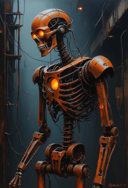 DB4RZ style painting(impasto, oil painting: 1.2) side profile of a tall female skeletal robot made of rusted metal, glowing orange eye contrasts sharply with its dark, metallic frame, wires and cables dangle from its exposed joints, giving it an eerie, decaying appearance, the robot is draped in a worn brown cloak, the background is a dimly lit industrial environment with hints of glowing circuitry, shadows are deep and pervasive, the overall atmosphere is ominous, evoking a dystopian, post-human world.