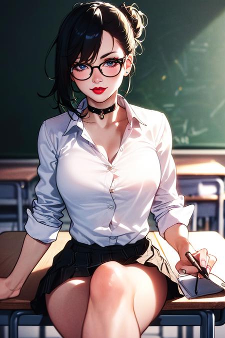 a drawing of a woman, ((sexy teacher, collared shirt, dress shirt, choker, eyeliner, red lipstick, skirt, hair up, hair in bun, black hair, messy hair, glasses)), 1girl, (masterpiece:1.3), (high resolution), (8K), (extremely detailed), (4k), (pixiv), perfect face, nice eyes and face, (best quality), (super detailed), detailed face and eyes, (solo), textured skin, absurdres, highres, solo, petite, masterpiece, best quality, detailed face, detailed eyes, highres, ((sitting, cowboy shot, classroom, chalkboard, desk, legs crossed):1.2), ((looking at viewer, serious)), <lora:adamhughes-10:0.7>, (adam hughes, colored, painting)