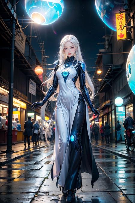 official art, unity 8k wallpaper, (ultra detailed), beautiful and aesthetic, beautiful, masterpiece, best quality, 
(1girl:1.3), (long hair, white hair:1.4), mature female, cyberpunk, mecha, sexy, iridescent eyes, starry sky, standing, futubot, futureaodai, (street:1.3), neon light, (blue orb core:1.4)(white clothes:1.3)(wind blowing:1.3)
<lora:futureaodai-000010:0.75:MIDD>