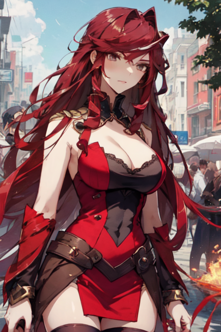 MaXiaotaoManhua, 1girl, very long hair, large breasts, cleavage, thighhighs, red dress, red hair, 